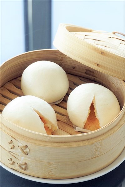 Sweet Egg Custard Buns in Bamboo Steamer