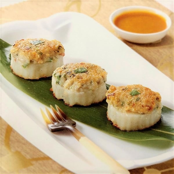 Chinese Stuffed Turnip Cake With Tangy Dipping Sauce